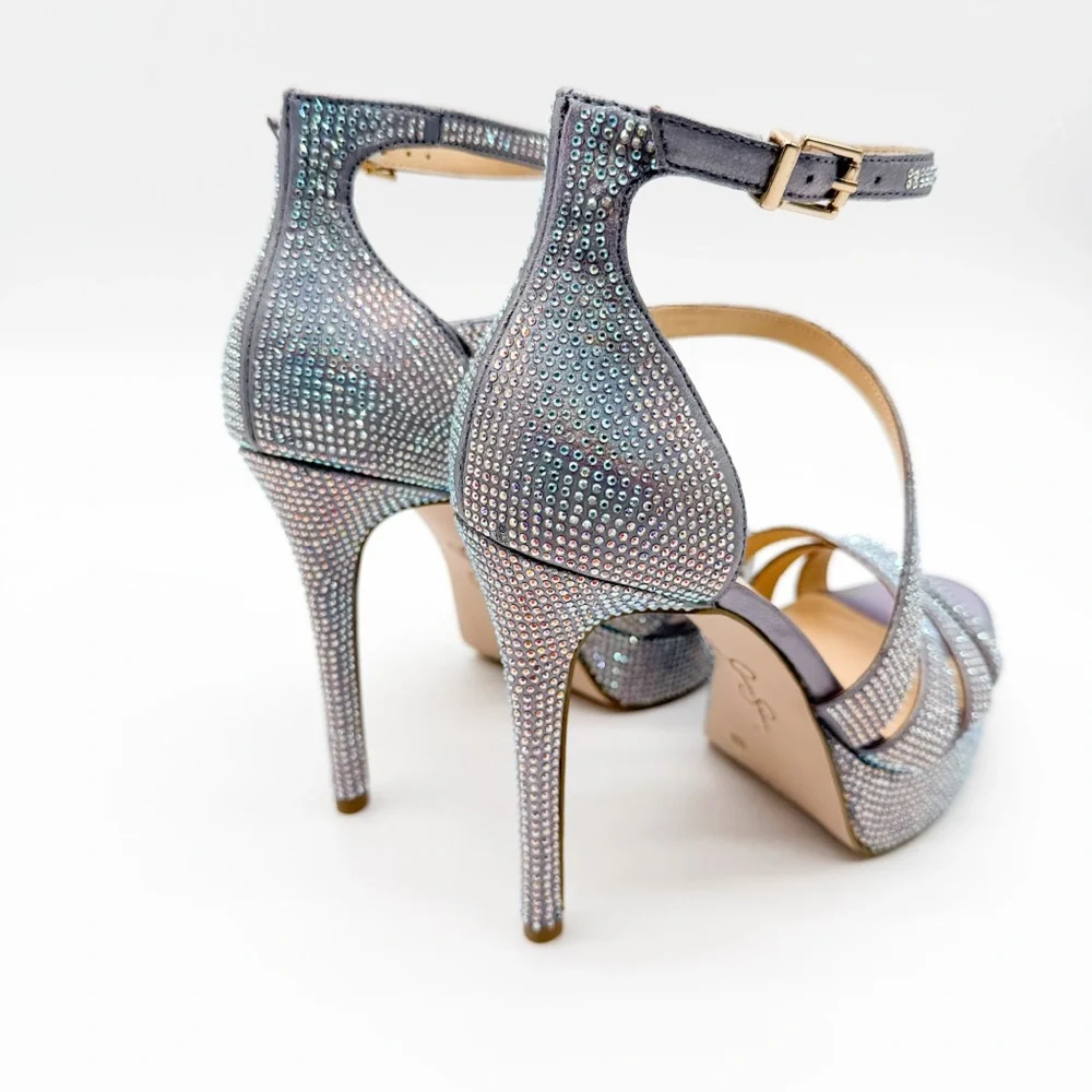 Jessica Simpson Shyremin Rhinestone Platform Stiletto Sandals Silver Glam 8 NEW